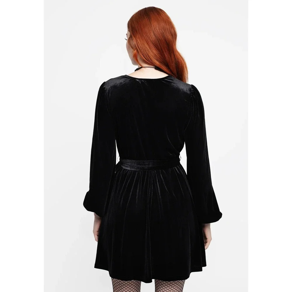 Disturbia Cleome‎ Floral Spiderweb Velour Wrap Mini Dress Black US 4 NWT - Picture 2 of 6